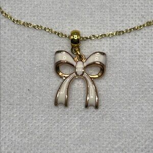 Artisan Handmade Gold Plated Sterling Silver White Enamel Bow Charm Necklace